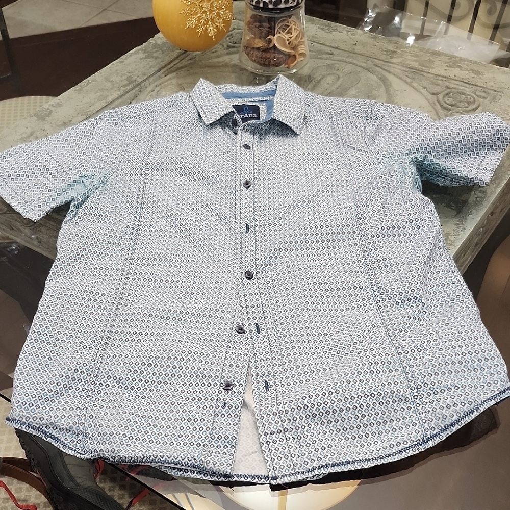 Prana mens blue paterned short sleeve shirt medium